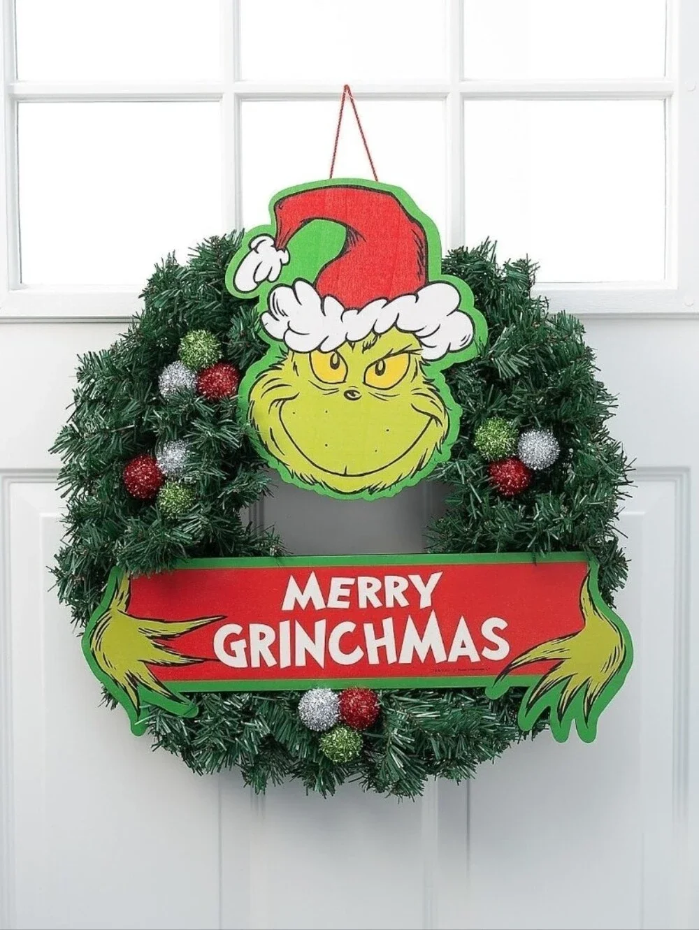 Merry Grinchmas Holiday Wreath - Green and Red, EUC